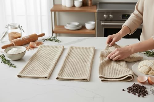 Serafina Home Tan Beige Kitchen Dish Hand Towels 100% Cotton Waffle Cloth Soft - Image 7