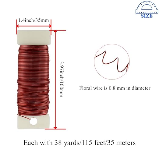 HAHIYO 22Gauge Red Metal Floral Wire - 1 Roll, 38 Yards (115 Feet) - Flexible Paddle Wire for Craft, Christmas Wreath, Flower Arrangement, Bouquet Wrapping, Wedding, DIY