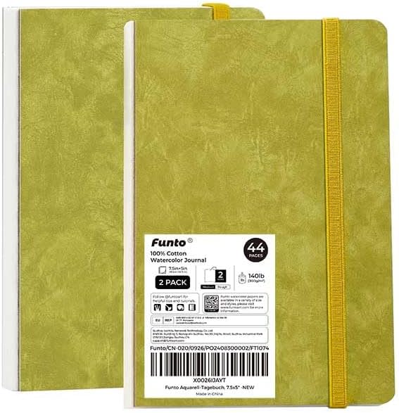 Funto Watercolor Journal, 7.5x5, 2 Packs, 44 Pages Each, Cold-Pressed 100% Cotton,PU Leather Green Cover, Art Supplies for Mixed Media