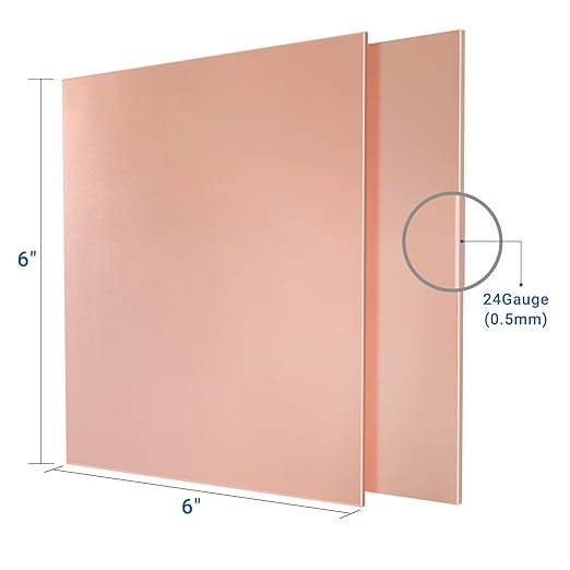 2 Pieces 99.9% Pure Copper Sheet, 6" x 6", 24 Gauge(0.5mm) Thickness, Film Attached Copper Plate, Great for Jewelry, Crafts, modelers