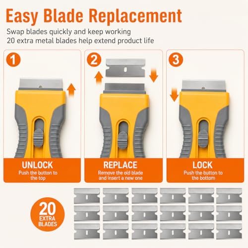 Razor Blade Scraper Set, 2 Safety-Lock Handles + 20 Steel Blades - Image 6