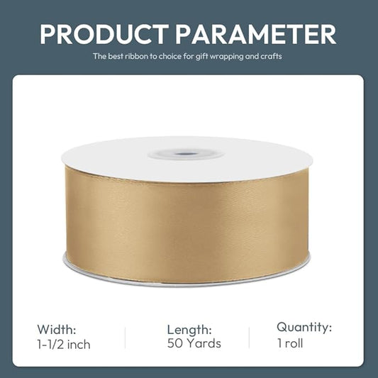 1-1/2" Wide x 50 Yards Champagne Gold Single Faced Polyester Satin Ribbon for Wedding Decor, Wreath, Crafts, Gift Wrapping & Other Projects