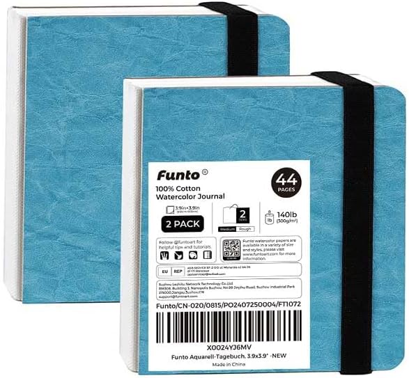Funto Watercolor Journal 2-Pack, 3.9x3.9, 44 Pages Each,Cold-Pressed 100% Cotton,PU Leather Blue Hard Cover, Art Supplies for Mixed Media