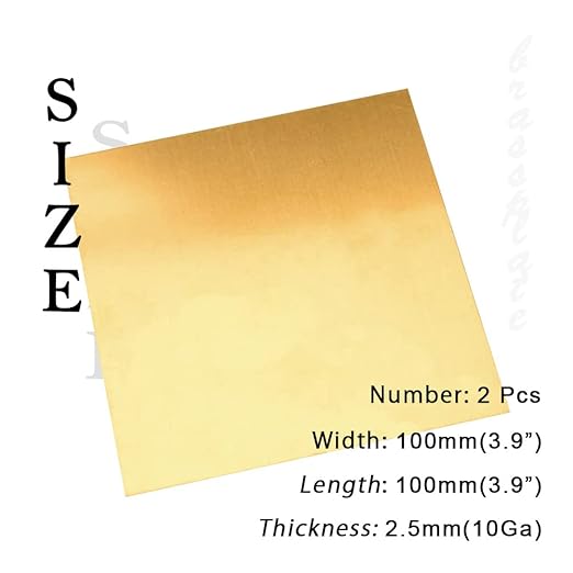 10 Gauge Brass Sheet,H62 Brass Plates Metal 0.098" Thickness x 3.9" Width x 3.9" Lenght, for Models, Crafts, Repairs, Electrical, 2Pcs