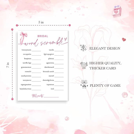 Bridal Shower Games Cards, Bridal Word Scramble, 25 Cards with 1 Answer Card, Engagement Party Games for Guests, Pink Ribbon Bow Wedding Party Supplies - E14