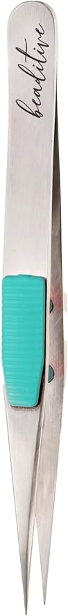 Beaditive High Precision Heavy-Duty Tweezers With Cushion - 4.7" Craft Tweezers for Sewing, Beading & DIY Crafts - Non-Serrated, Fine Point Tips - Stainless Steel Needle Nose Hobby Tweezers (Teal)