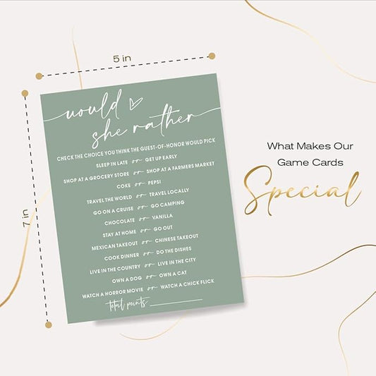 Bridal Shower Games Cards, Would She Rather Bridal Shower Game for 25 Guests, Engagement Party Wedding Games for Guests, Minimalist Green Wedding Party Supplies - C11