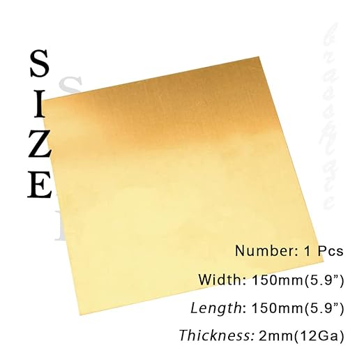 12 Gauge Brass Sheet,H62 Brass Plates Metal 0.079" Thickness x 5.9" Width x 5.9" Lenght, for Models, Crafts, Repairs, Electrical, 1Pcs