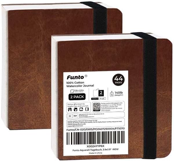 Funto Watercolor Journal 2-Pack, 3.9x3.9, 44 Pages Each,Cold-Pressed 100% Cotton, Pearlescent PU Leather Brown Hard Cover, Art Supplies for Watercolor