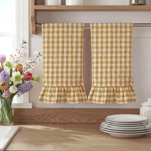 HunnmingRe 2 Pcs Yellow Gingham Kitchen Towels Cotton Ruffled, Fall Decor - Image 6