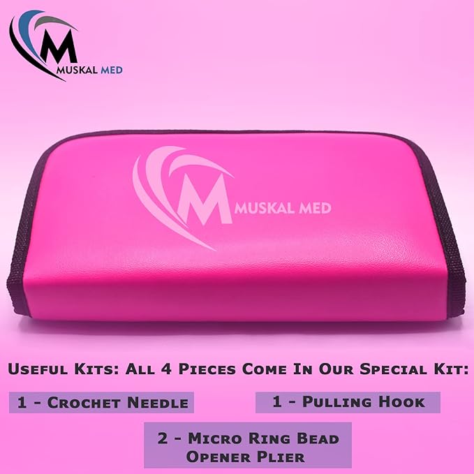 Professional Hair Extension & Beading Tool Kit Remove Plier Set for beads (4 Piece) I-Link Micro Ring Loop Needle Pulling Hook Threader Wire for Silicone Rings (Hot Pink)
