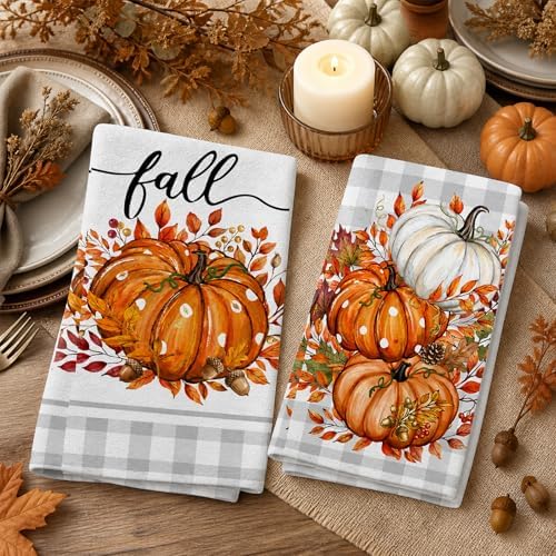 Orange Buffalo Plaid Leaves Pumpkin Fall Kitchen Towels Dish Towels, 18x26 Inch - Image 6