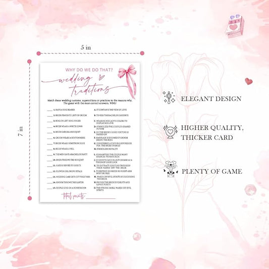 Bridal Shower Games Cards, Wedding Traditions Why Do We Do That, 25 Cards with 1 Answer Card, Engagement Party Games for Guests, Pink Ribbon Bow Wedding Party Supplies - E08