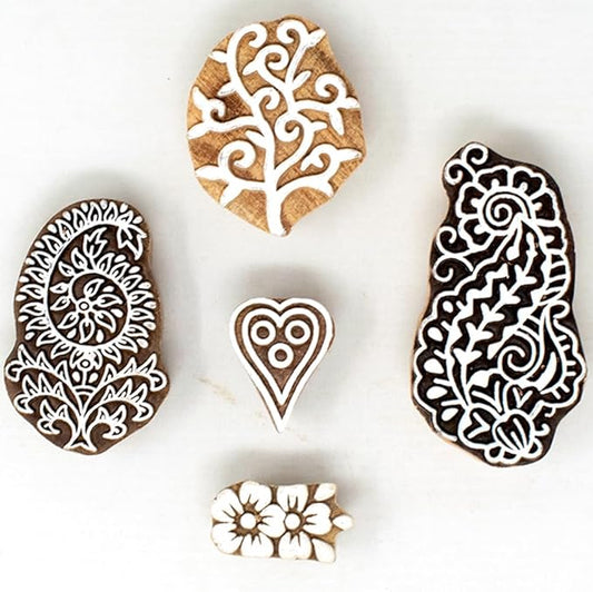 Floral Design Wooden Stamp Block for Printing - Handcarved Printing Stamps for Scrapbooking/Fabric Textile/Clay/Pottery Craft/Tattoo (Set of 5) Hashcart®