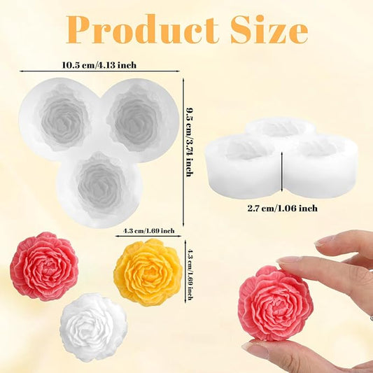 3 Cavity Peony Candle Molds, Silicone Flower Molds for Candles Crafts Casting, 3D Round Candle Making Soap Molds for Epoxy Resin Wax, DIY Handmade Gifts Clay Pop Flower Silicone Mold Home Decoration