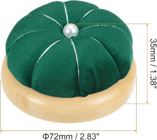 HARFINGTON Wooden Base Pin Cushion Japanese Style Cute Needle Holder Pincushions Round for Sewing Quilting Needlework DIY Crafts, Dark Green