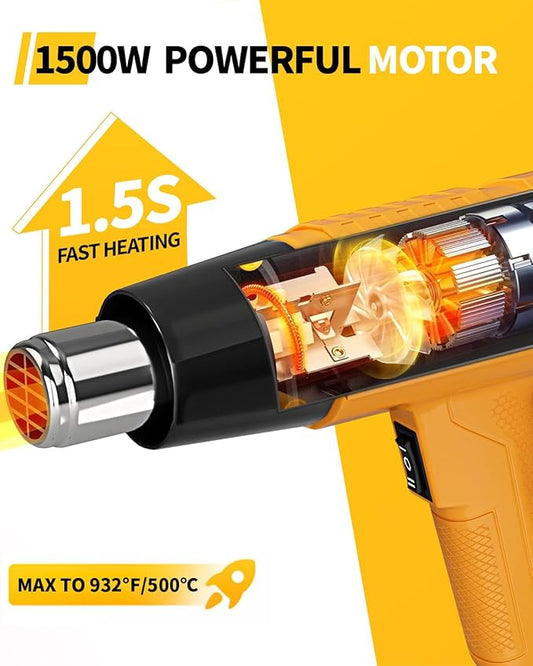 Heat Gun 1500W 572°F-932°F(300°C-500°C) Fast Heating Heavy Duty Hot Air Gun Kit Variable Temperature Control Overheat Protection with 4 Nozzles for Crafts, Shrinking Pvc, StrippingPaint 