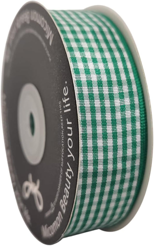 Green and White Woven Edge Plaid Ribbon 100% Polyester Gingham Ribbon 25 Yards Each Roll (1",Green)