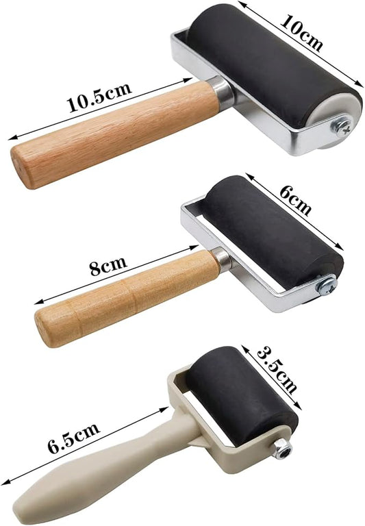 3 Pack Rubber Brayer Roller,1.4/2.4/4 Inch Hard Rubber Brayer Rollers,Art Craft Roller for Printmaking,Ink,Wallpapers Stamping Gluing