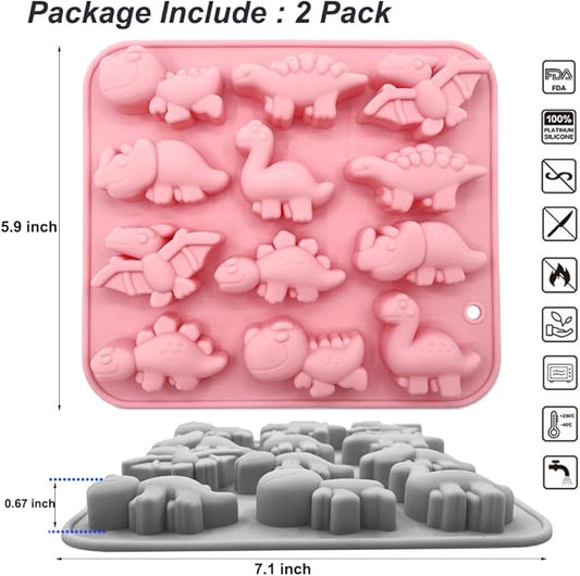 2 Pack 3D Cute Dinosaur Silicone Molds 12 Cavity Dinosaur Themed Baking Mould Tray DIY Baking Tool for Easter Chocolate Cake Dessert Candy Mousse Pastry Handmade Soap Cupcake Topper