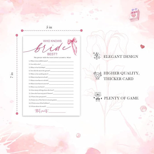 Wedding Shower Games Cards, Who Knows The Bride Best, Bridal Shower Games 25 Guests, Engagement Party Wedding Games for Guests, Pink Ribbon Bow Wedding Party Supplies - E03