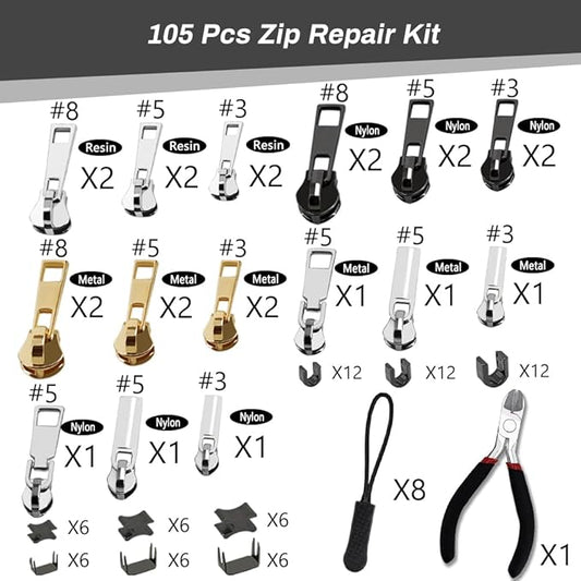 105 Pieces Zipper Repair Kit #3#5#8, Zipper Replacement with Install Plier for Repairing Coats, Jackets, Tents, Backpacks, Sleeping Bag, Luggage