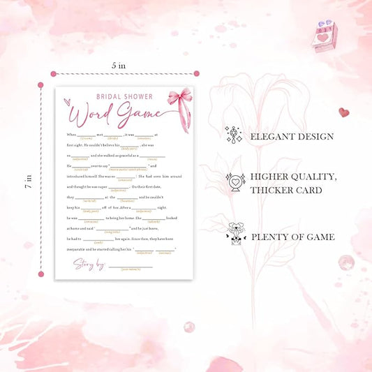 Wedding Shower Games Cards, Bridal Shower Word Game, Bridal Shower Games 25 Guests, Engagement Party Wedding Games for Guests, Pink Ribbon Bow Wedding Party Supplies - E16