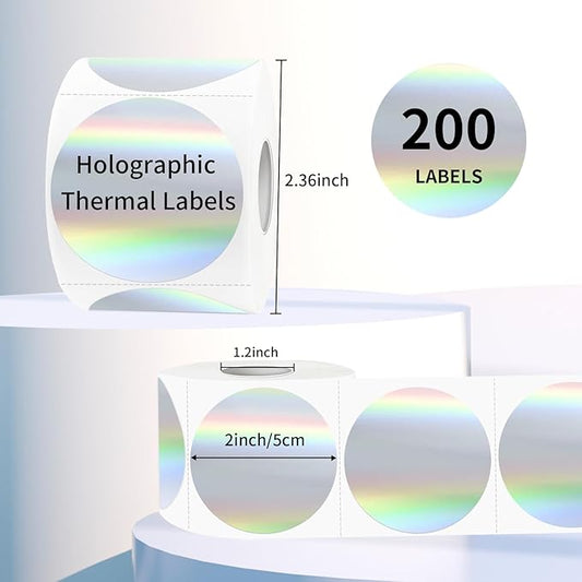 2" Holographic Thermal Label Stickers, Round Direct Thermal Label Stickers, Thermal Printer Sticker Labels for Gift Wrapping, Self-Adhesive Custom Logo Design- Silver