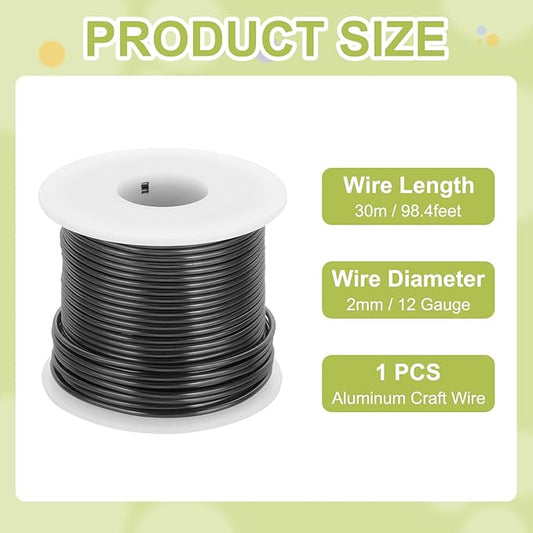 MECCANIXITY 12 Gauge Anodized Aluminum Craft Wire Bendable Bonsai Training Wire 98 Feet 2mm for Sculpting Crafts Wreath Floral Beading Jewelry Making, Black
