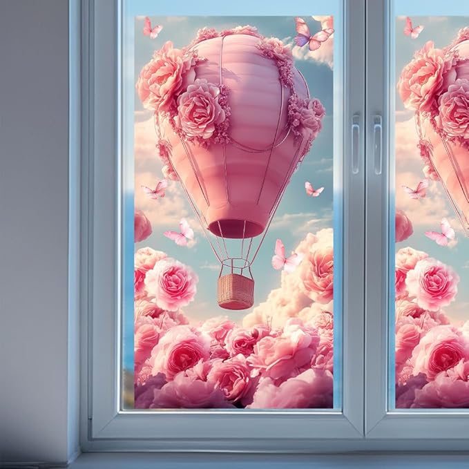 GLOBLELAND 4 Sheets Pink Roses Hot Air Balloons Rub on Transfers Pink Flower Furniture Decor Transfers Romance Butterflies Decal Transfers Stickers for Bedroom Living Room Desk Table Valentine's Day