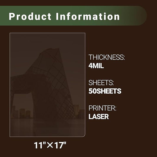 11x17 Laser Transparency Film,50 Sheets Overhead Projector Film for Laser Jet Printer,Acetate Sheets Color Transparent Paper for OHP Copier Photo Transparent Film