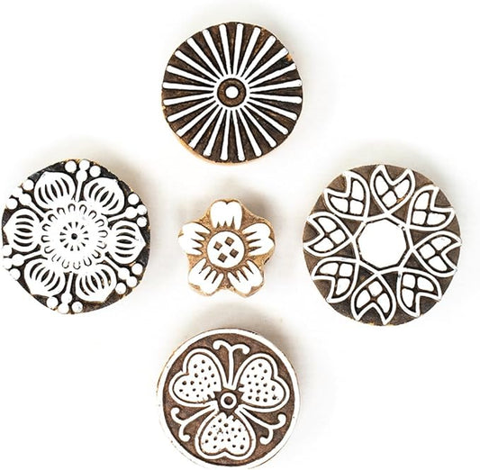 Hashcart Wooden Indian Traditional Design Printing Stamps/Blocks for Printing Saree Border/Dresses/Craft Card Making/Scrapbook/Clay Pottery (Set of 5)