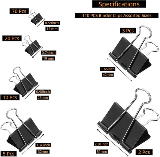 110 PCS Binder Clips, Assorted Sizes, (51mm,42mm,32mm,25mm,19mm,15mm), Binder Clips Paper Clamps for Office, Home, School, Document Organizing