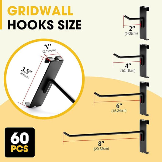 Gridwall Hooks 8 Inch, 60 Pack Heavy Duty Display Hooks for Grid Wall, Grid Panel Hooks Hangers, Grid Wall Accessories for Retail, Craft Shows, Home Setup and Customized Display, Black