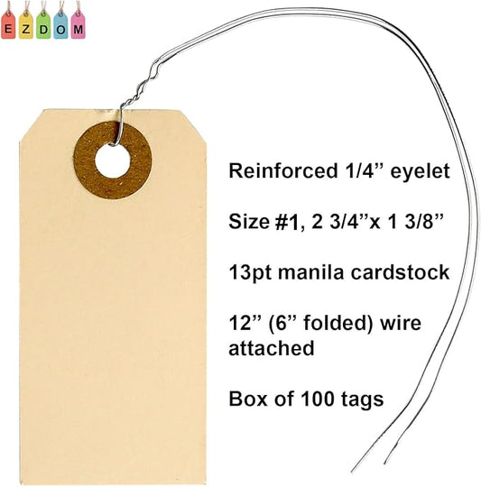 100 Manila Shipping Tags with Wire Attached #1-2 3/4” x 1 3/8” - Small Paper Hang Labels with Metal Ties and Reinforced Hole, Pre-Wired Tags to Tie On