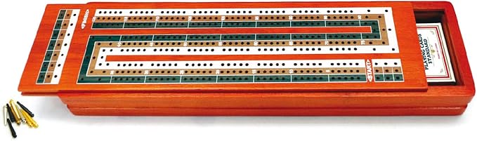 ERLLE - Wooden Cribbage Board Game Set, Continuous 3 Track Wooden Board, 9 Metal Pegs, 2 Decks of Cards, Sliding Lid and Storage, Unique Cribbage Boards,Travel Portable Cribbage Game Sets