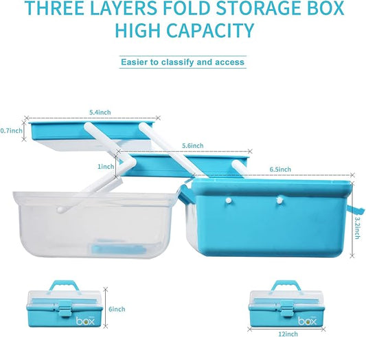 12in Three-Layer Multipurpose Storage Box Organizer Folding Tool Box/Art & Crafts Case/Sewing Supplies Organizer/Medicine Box/Family First Aid Box with 2 Trays (Blue)
