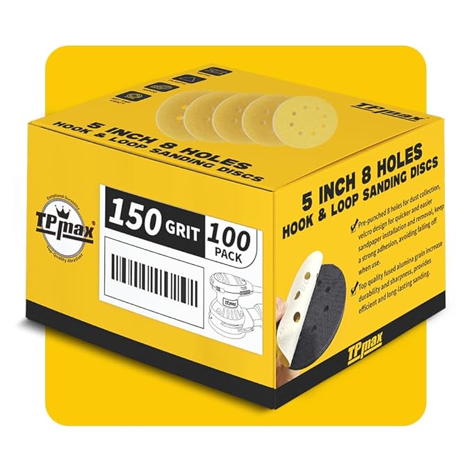 100PCS 5 Inch 150 Grit 125mm 8 Hole Sanding Discs Sandpaper - Premium Gold Round Hook and Loop for Random Orbital Sander - Ideal for Wood, Metal, Automotive