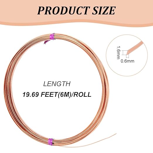 BENECREAT 19.6 Feet 22 Gauge Half Round Copper Wire, 1.6mm Wide Bare Copper Beading Wire Jewelery Making Wire for Earring Necklace Jewelry Making, Crafts Making Supplies