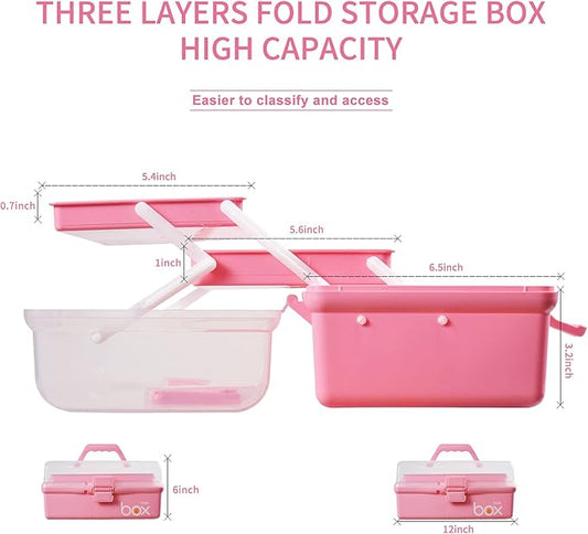12in Three-Layer Multipurpose Storage Box Organizer Folding Tool Box/Art & Crafts Case/Sewing Supplies Organizer/Family First Aid organizer/Medicine Storage with 2 Trays (Pink)