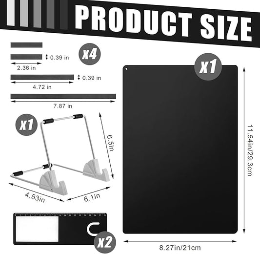 Flutesan 8 Pcs Cross Stitch Accessories and Tools 11.5 x 4.7 Inch Metal Magnet Board Chart Knitting Pattern Holder 2 Bookmark Magnifier with Ruler 1 Bracket 4 Magnet Strips for Crafts Work (Black)