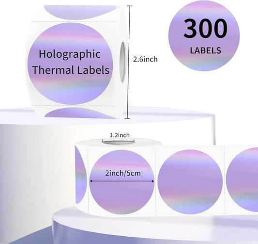 2" Circle Holographic Thermal Label Stickers, Round Printable Rainbow Glitter Thermal Printer Sticker Labels for Gift Wrapping, Self-Adhesive Name Price Tag DIY Custom Logo Design- Purple