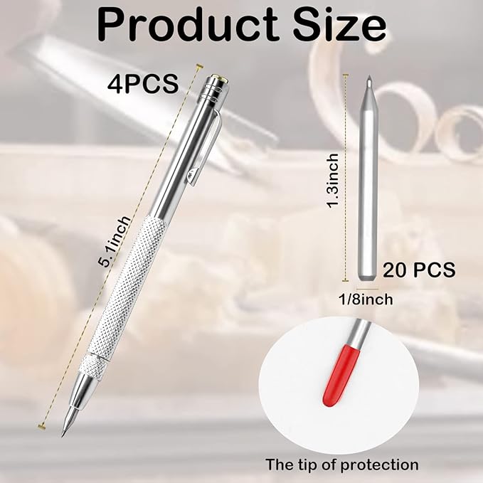 4 Pcs Tungsten Carbide Etching Tool with 20 Replacement Tips, Aluminium Carbide Engraving Pen With Clip, Metal Engraving Tool for Glass Ceramics and Hardened Steel Sheet