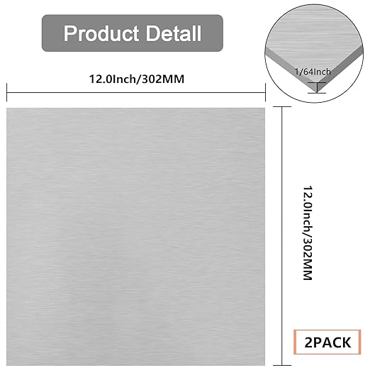 2Pack 5052 H32 Thin Aluminum Sheet Metal 12 x 12 x 1/64 (0.02”) Inch Plain Aluminum Plate Covered with Protective Film, Rectangle 0.5MM Aluminum Metal Plate for Crafting, Industrial