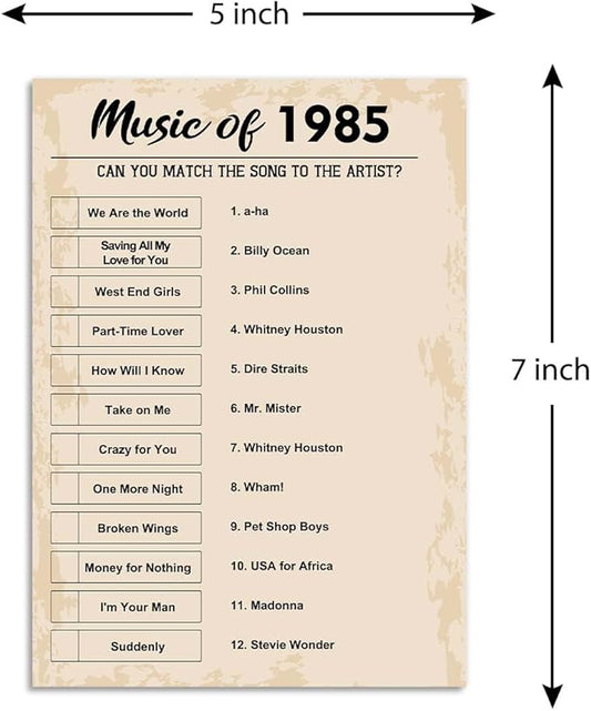 QUPT 40th Birthday Party Games, Music of 1985 Games, Birthday Party Supplies for Adults, Fun 1985s Party Game,Pack of 30 Cards