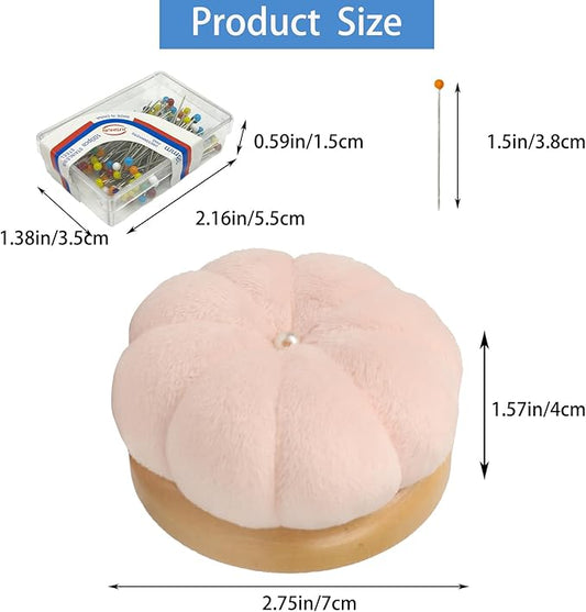 Hilltian Pin Cushion for Sewing, Wooden Base Sewing Pincushion with 100 Plastic Head Pins, Cute Pins Holder for Sewing Quilting (Light Pink)