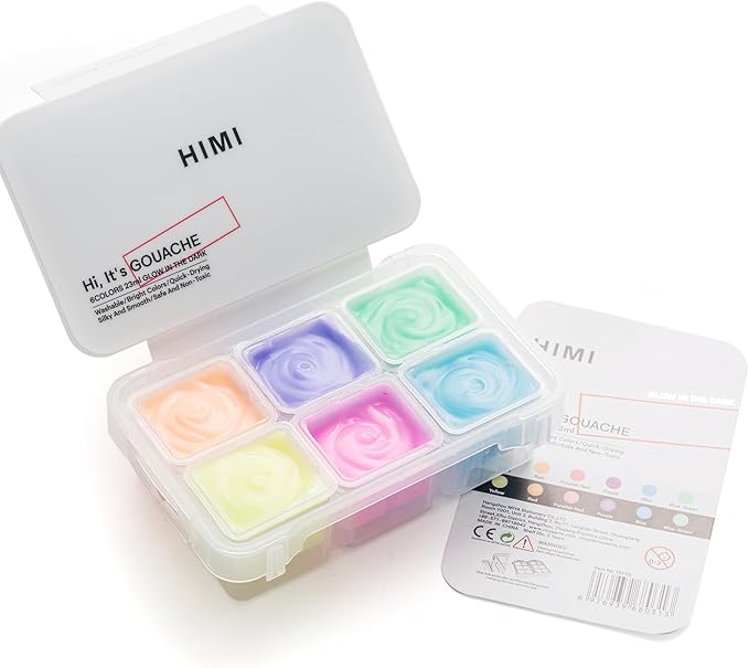 HIMI Glow in The Dark Jelly Gouache Paint Set, 6 Colors 23ml, Jelly Cup Design, Travel carry, Non Toxic Paint for Canvas and Paper, Art Supplies for Professionals