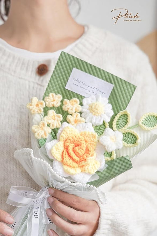 Hand-Woven Flower Bouquet Finished(1pcs) for Valentine's Day Girlfriend Birthday Gift Wedding Decoration Crochet Artificial Flower, Bouquet Gift (Yellow)