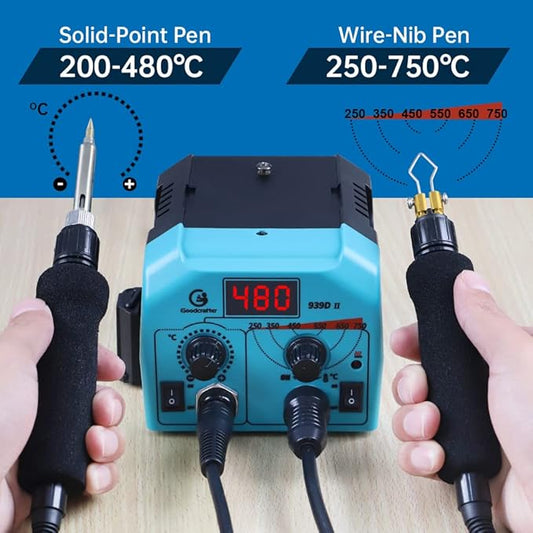 Goodcrafter Pyrography Pen 2-IN-1 Wood Burning Kit 101-IN-1,200~480°C (withTemp Display)/Wire-Nib 250~750°C Temp adjustable with 20 Nibs,53 Solid Points,12 Stencils and 15 Wood Chip(Mother's Day gift)