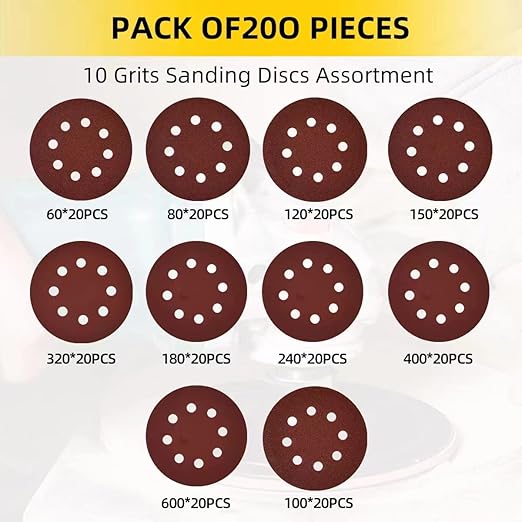 200-piece Sanding Discs Set - 5-Inch 8-Hole Sandpaper 10 Grades Include 60, 80, 100, 120, 150,180, 240, 320, 400, 600 Grits for Random Orbital Sander